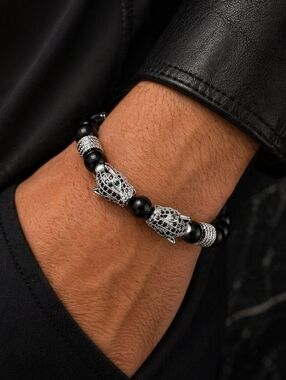 Men's Black Beaded Bracelet with Silver Panther Heads